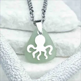 Clever Seafoam Sea Glass Pendant with Octopus Charm | #1725