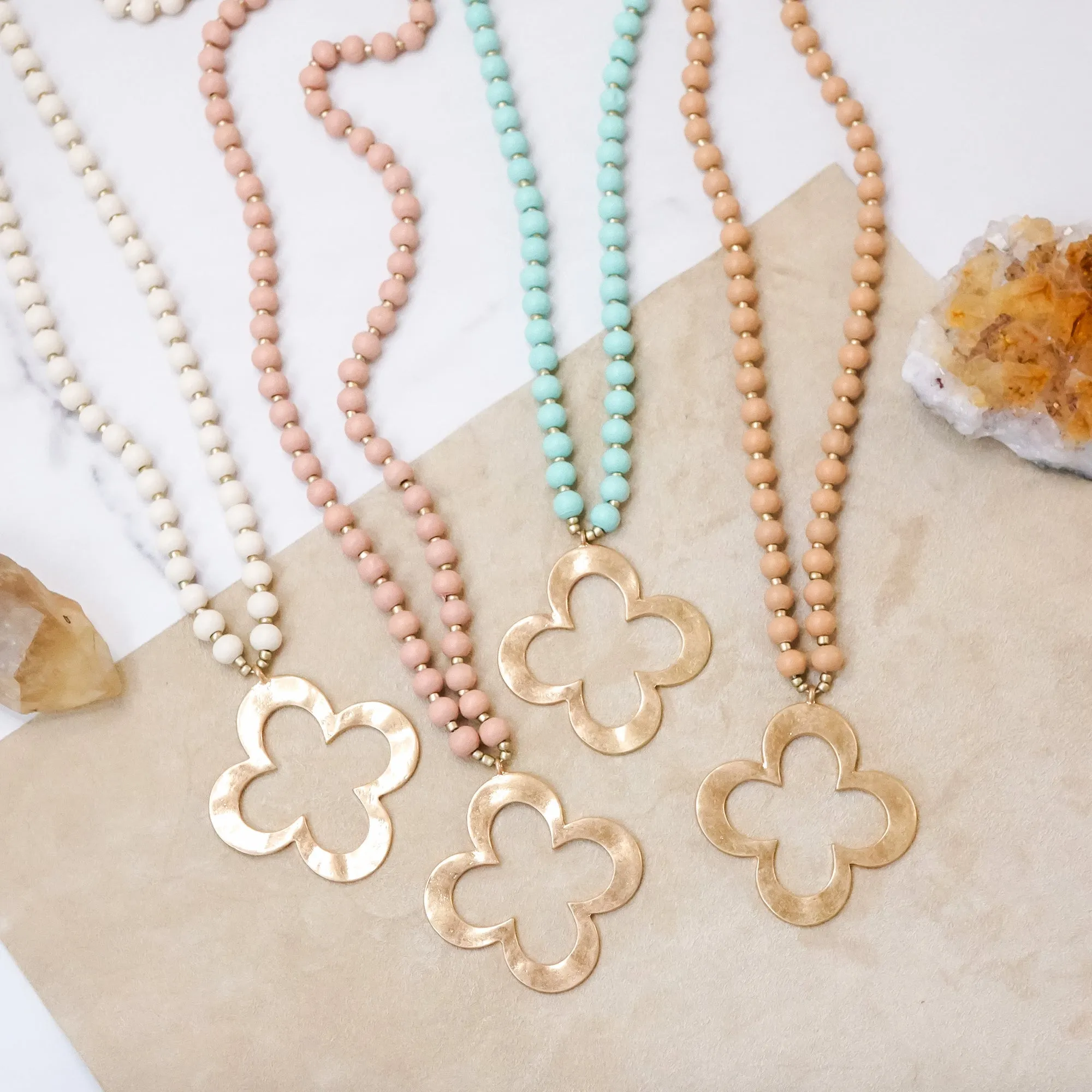 Clover Long Wooden Bead Necklace with gold Flower - Mint Green Blue