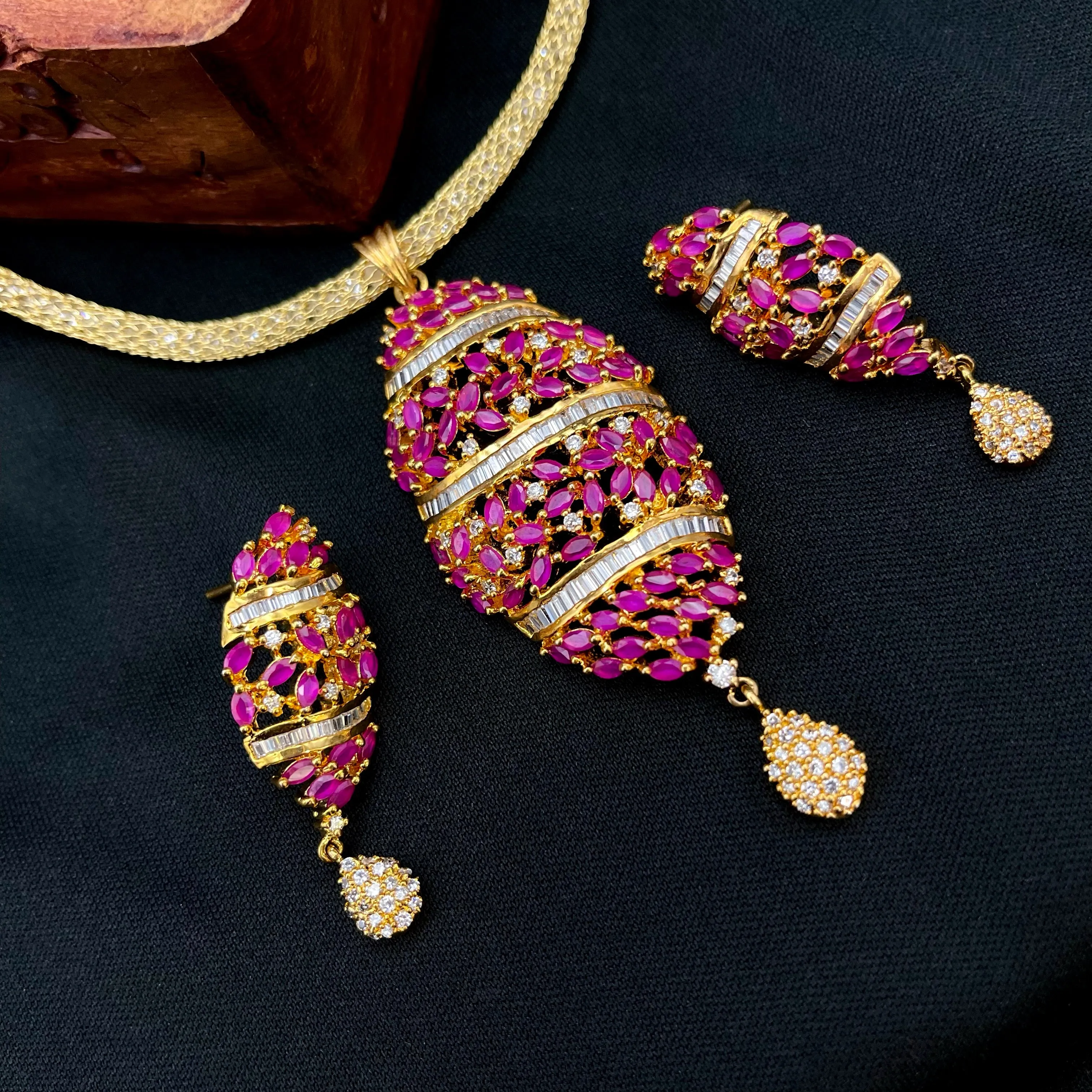 Contemporary Ruby Red & White AD Zircon CZ Pendant Set