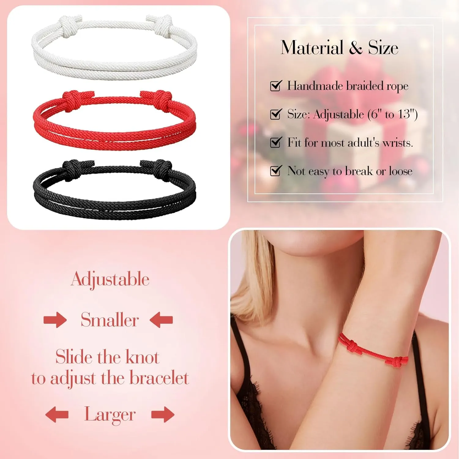 Couple Bracelets Black Red String Bracelet String Bracelets for Girlfriend Boyfriend Partners Matching Adjustable Rope Bracelet for His and Hers