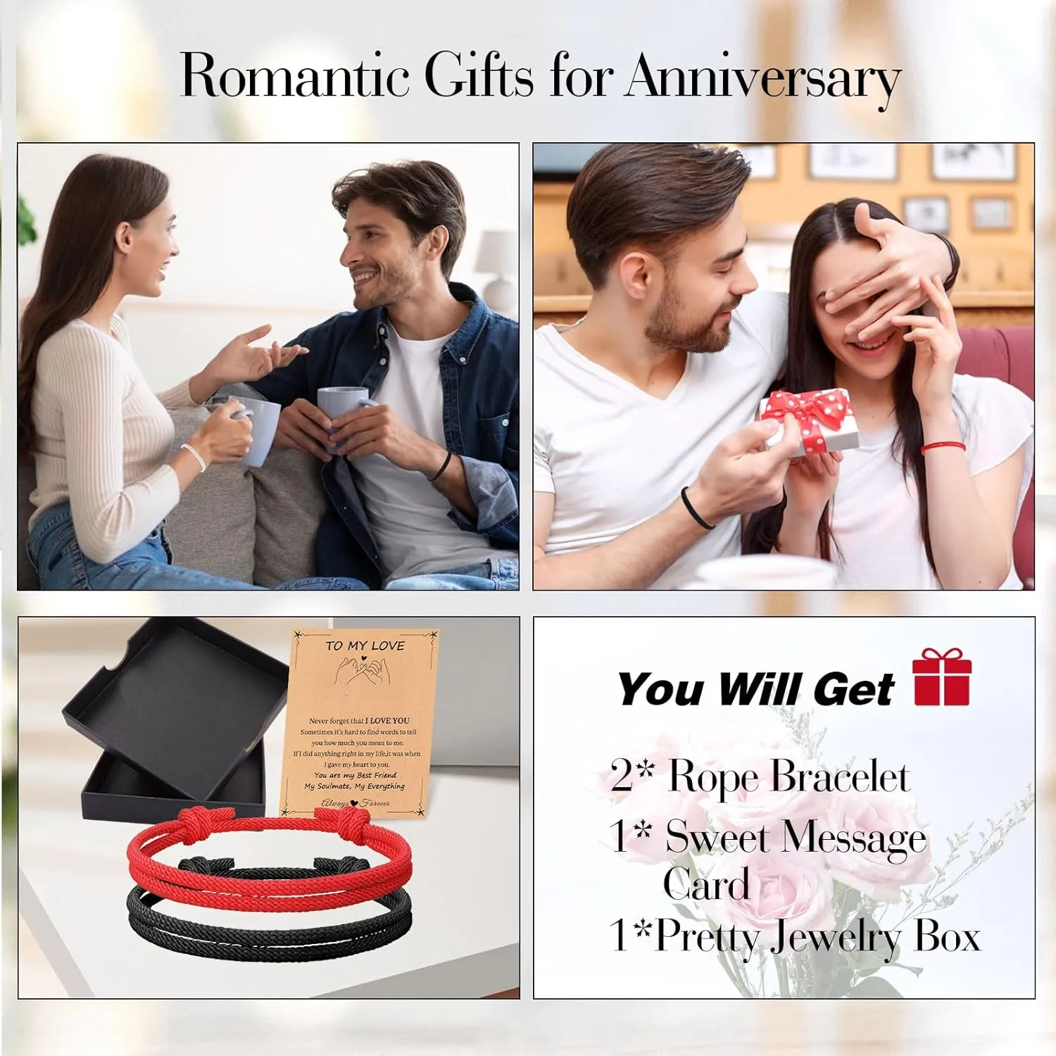 Couple Bracelets Black Red String Bracelet String Bracelets for Girlfriend Boyfriend Partners Matching Adjustable Rope Bracelet for His and Hers