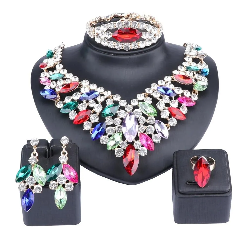 Crystal and Rhinestone Necklace, Bracelet, Earrings & Ring Wedding Statement Jewelry Set