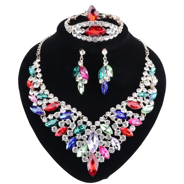 Crystal and Rhinestone Necklace, Bracelet, Earrings & Ring Wedding Statement Jewelry Set