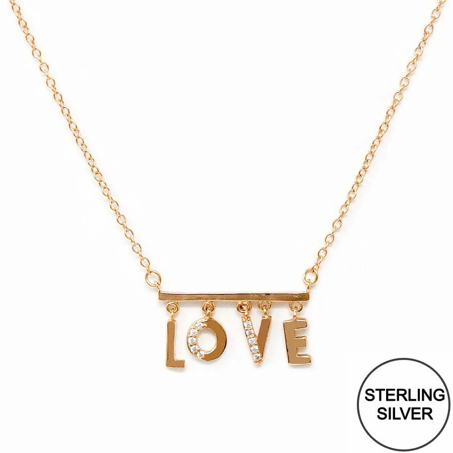 CZ Pave LOVE Letter Bar Pendant Sterling Silver Chain Necklace