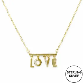 CZ Pave LOVE Letter Bar Pendant Sterling Silver Chain Necklace