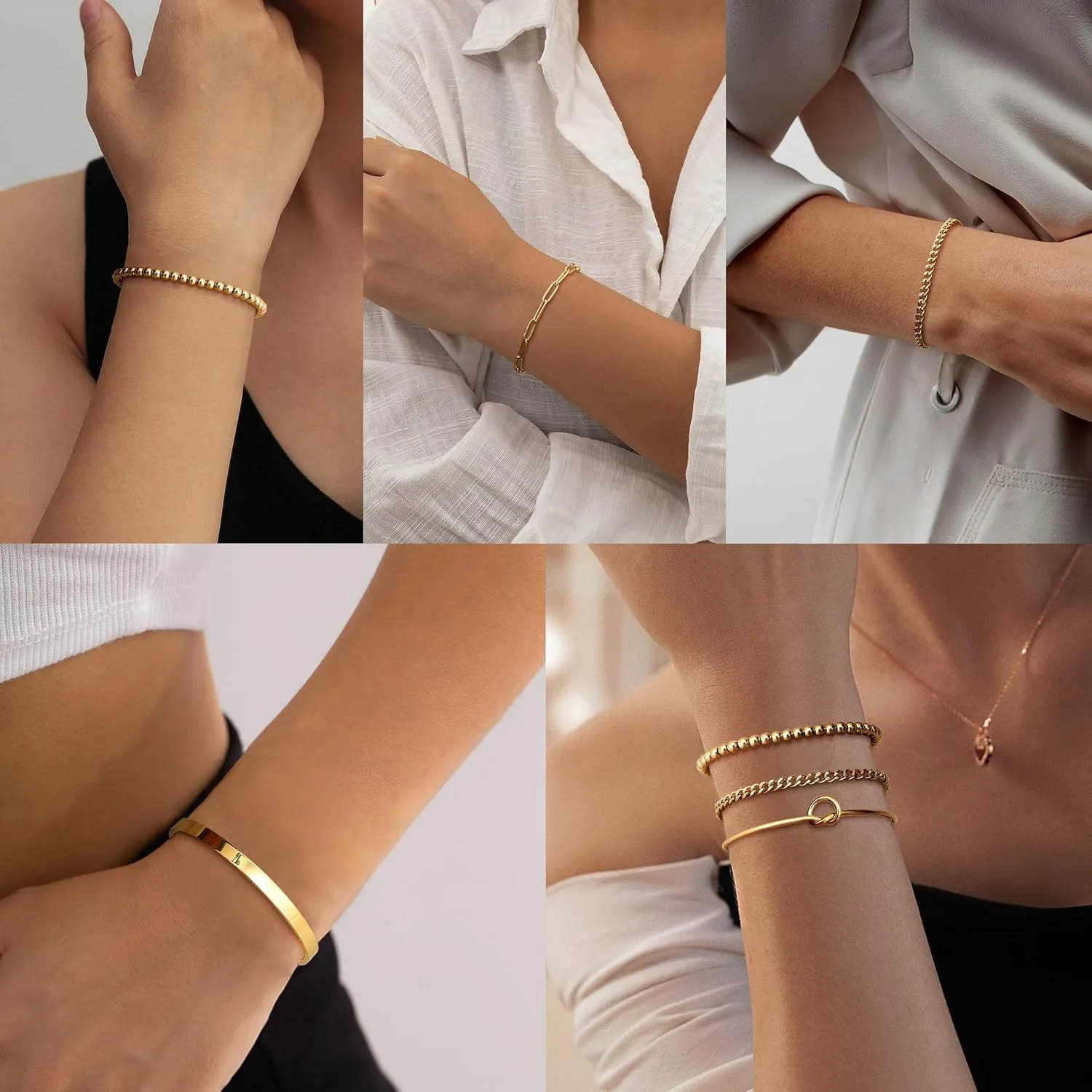 Dainty Gold Bracelets for Women - Trendy 14K Gold Bracelet Stack Set Non Tarnish Gold Beaded Bracelets 5PCS Stackable Waterproof Jewelry for Women Gold Adjustable Bracelet With 2" Extension