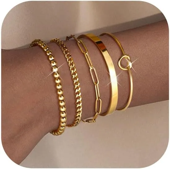 Dainty Gold Bracelets for Women - Trendy 14K Gold Bracelet Stack Set Non Tarnish Gold Beaded Bracelets 5PCS Stackable Waterproof Jewelry for Women Gold Adjustable Bracelet With 2" Extension
