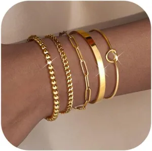 Dainty Gold Bracelets for Women - Trendy 14K Gold Bracelet Stack Set Non Tarnish Gold Beaded Bracelets 5PCS Stackable Waterproof Jewelry for Women Gold Adjustable Bracelet With 2" Extension