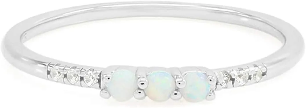 Dainty Stackable Three Round Shape Stone, Synthetic Opal Wedding Bridal Engagement Ring Band for her in 10K Solid Gold or Sterling Silver, Jewelry Gift For Her