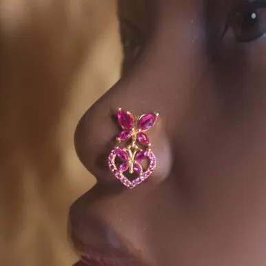 Double butterfly Heart Shape Nose Stud Ring Piercing
