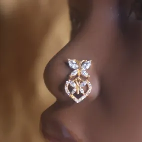 Double butterfly Heart Shape Nose Stud Ring Piercing