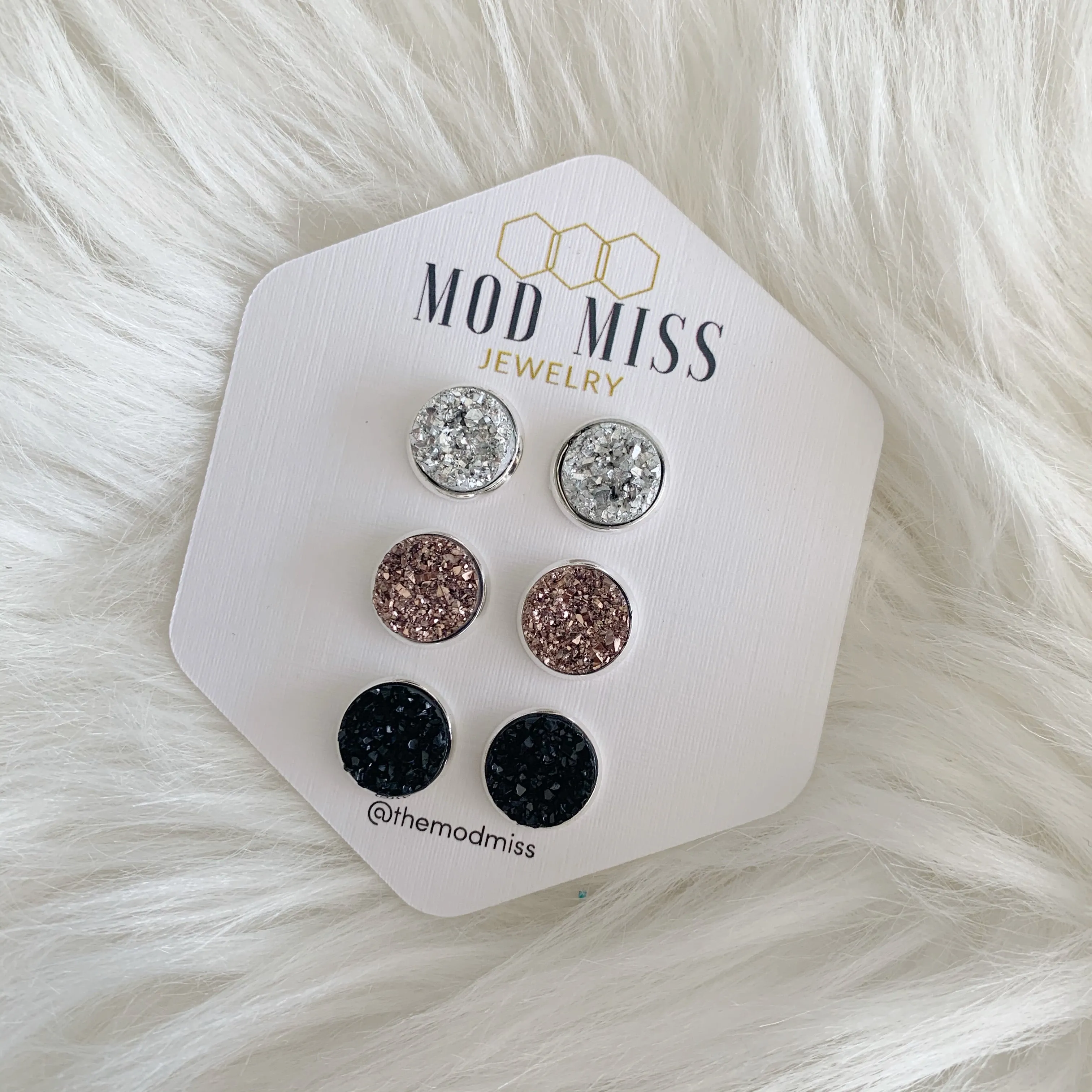 Druzy Stud Earring Set of 3 Silver, Rose Gold & Black in Silver Setting