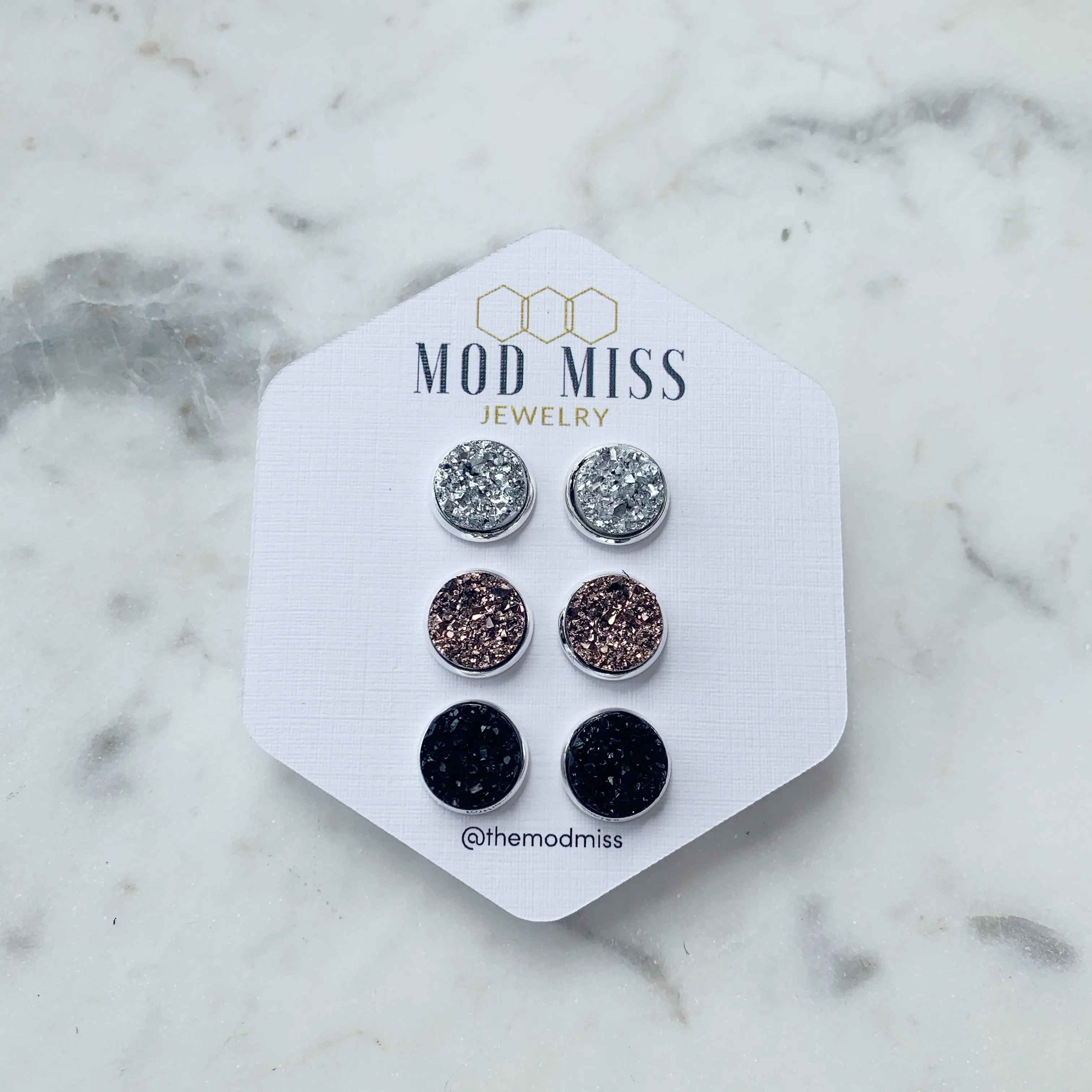 Druzy Stud Earring Set of 3 Silver, Rose Gold & Black in Silver Setting