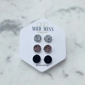 Druzy Stud Earring Set of 3 Silver, Rose Gold & Black in Silver Setting