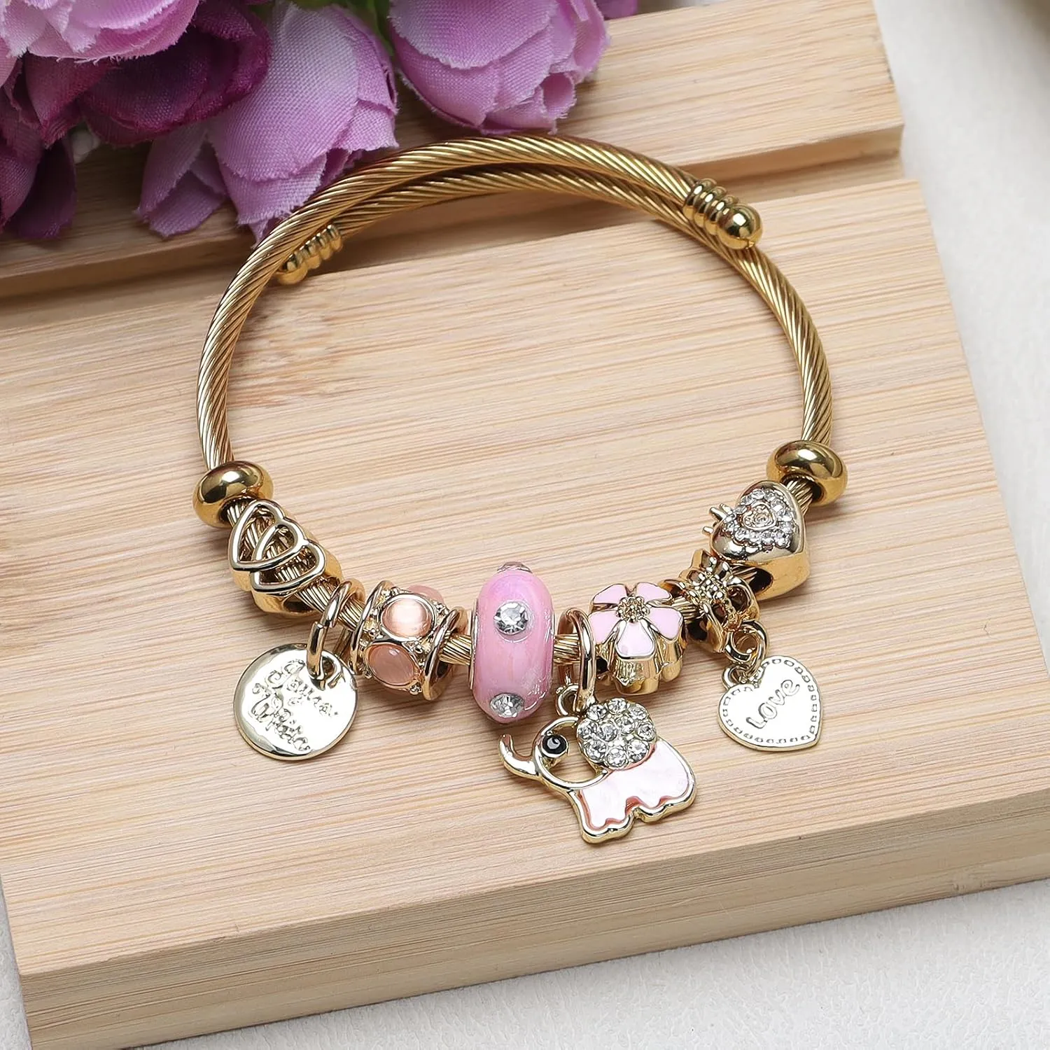 DS Charm Bracelets for girls,exquisite cute cartoon gold friendship bracelets Stainless Steel Bangle with birthday Gift box, Adjustable girls jewelry Suitable for holiday gifts