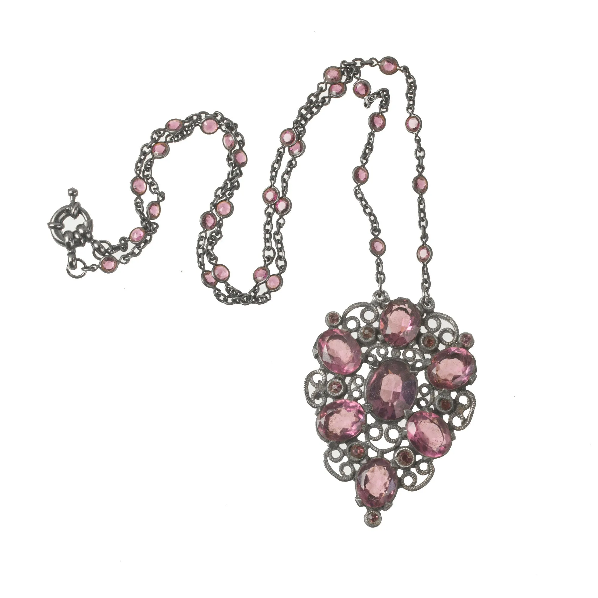 Edwardian Amethyst glass with fancy pendant necklace. nled504