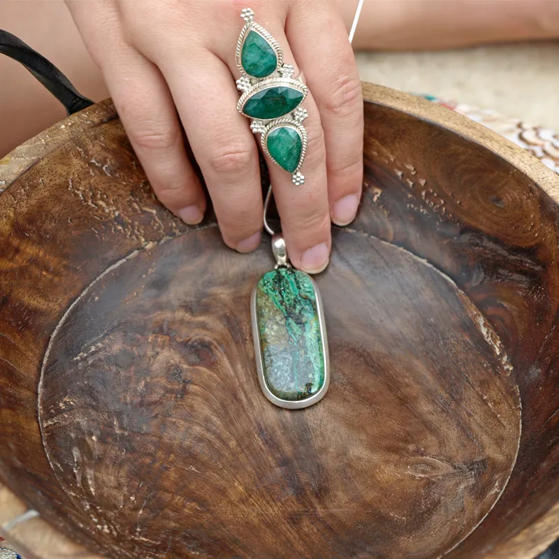 Emerald Quartz Triple Stone Ring