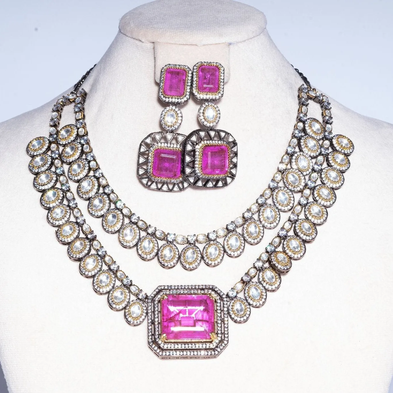 Ezna Statement Modern Rani Pink Doublet Necklace & Earring Set By Jaipur Rose Luxury Indian Jewelry Online