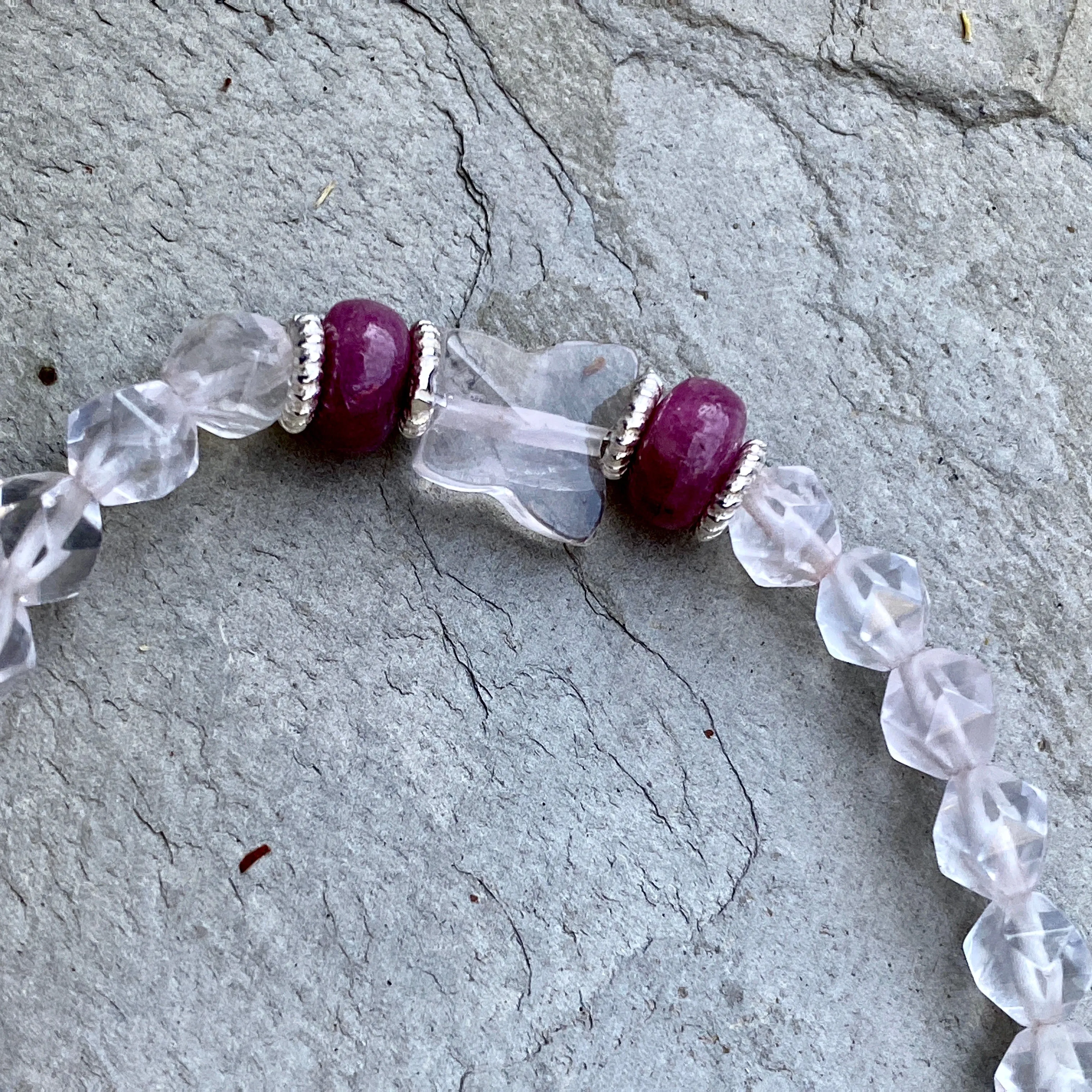 “Goddess” Rose Quartz, Pink Tourmaline gemstone and Sterling Silver Stretch Bracelet