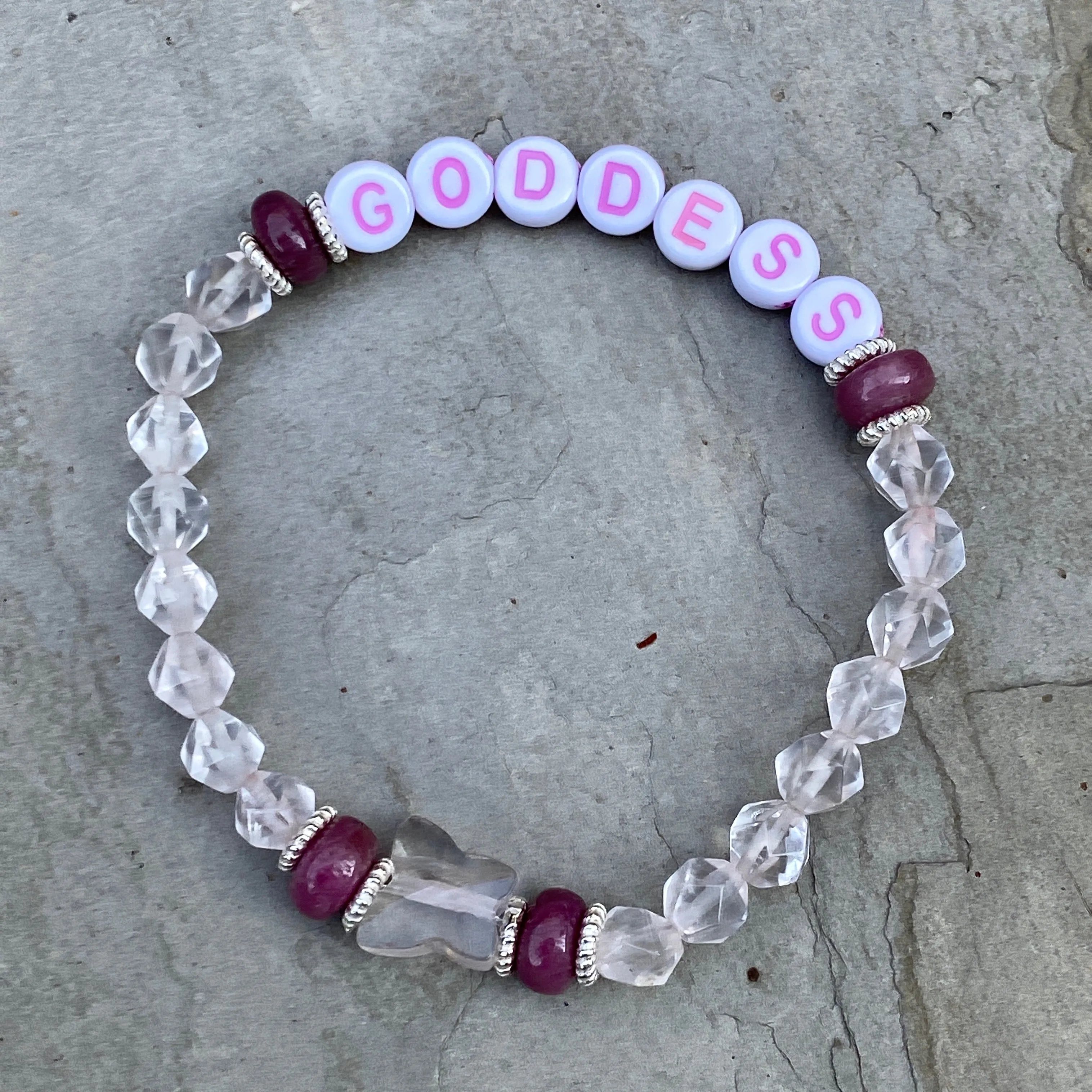 “Goddess” Rose Quartz, Pink Tourmaline gemstone and Sterling Silver Stretch Bracelet