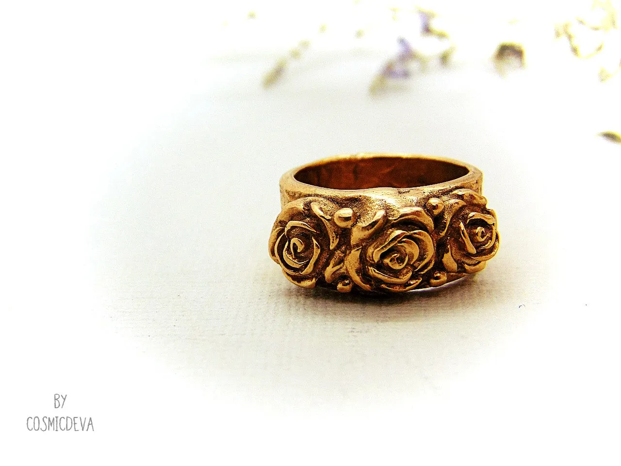 Gold Bronze Ring Three Roses,  Organic Bronze Ring Roman Style, US Size 6 1/2 Ring