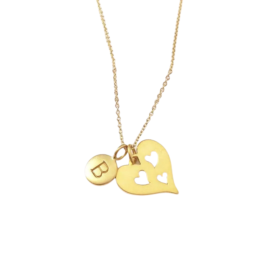 Gold Initial & 3 Heart Necklace