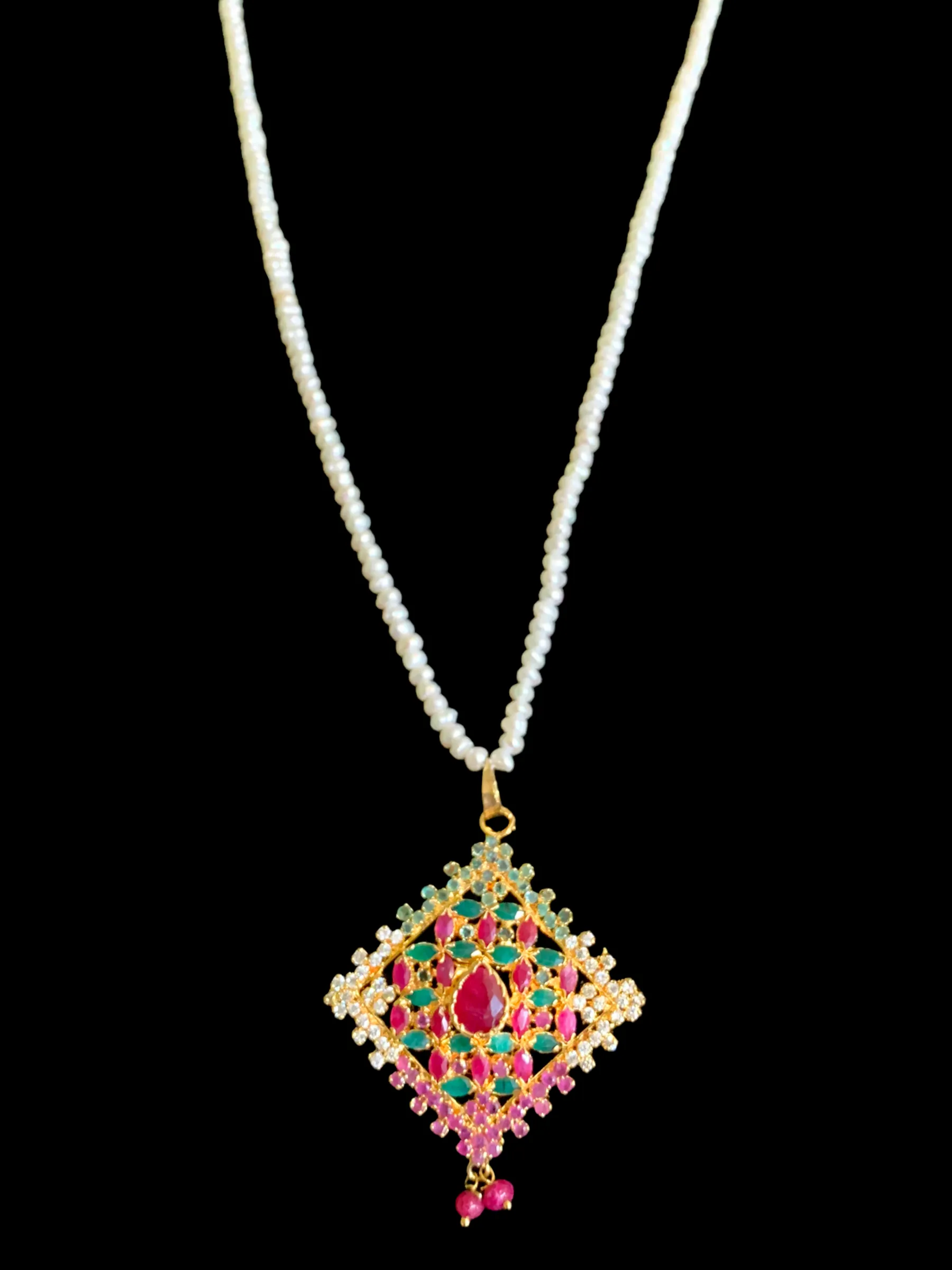 Gold plated ruby emerald  pendant set with fresh water pearls ( READY TO SHIP)