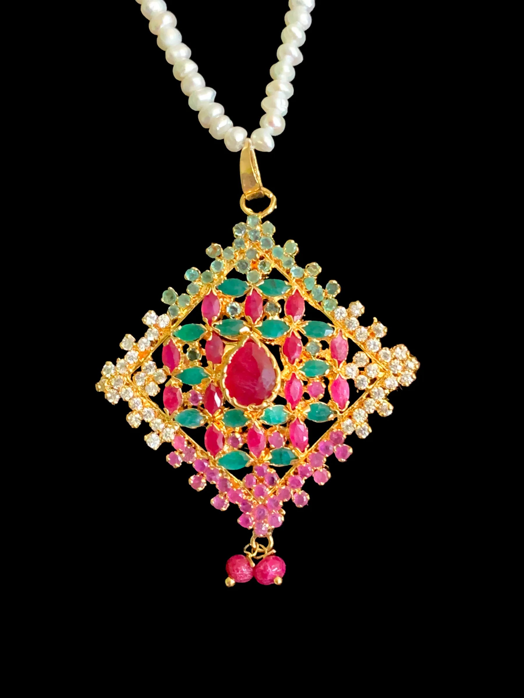 Gold plated ruby emerald  pendant set with fresh water pearls ( READY TO SHIP)