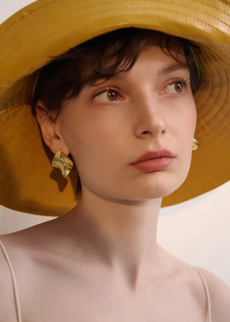Gold Square Crumpled Stud Earrings