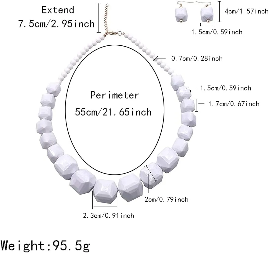 Halawly White Beads Necklace, Acrylic Costume Jewelry for Women Chunky Statement Strand Necklaces with Bracelet Dangle Earrings, Big African Beaded Necklace