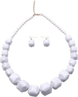 Halawly White Beads Necklace, Acrylic Costume Jewelry for Women Chunky Statement Strand Necklaces with Bracelet Dangle Earrings, Big African Beaded Necklace