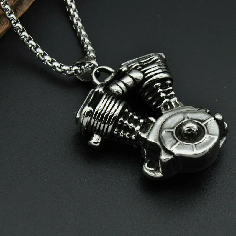 Heavy Stainless Steel Biker Engine Pendant Necklace