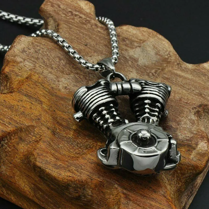 Heavy Stainless Steel Biker Engine Pendant Necklace