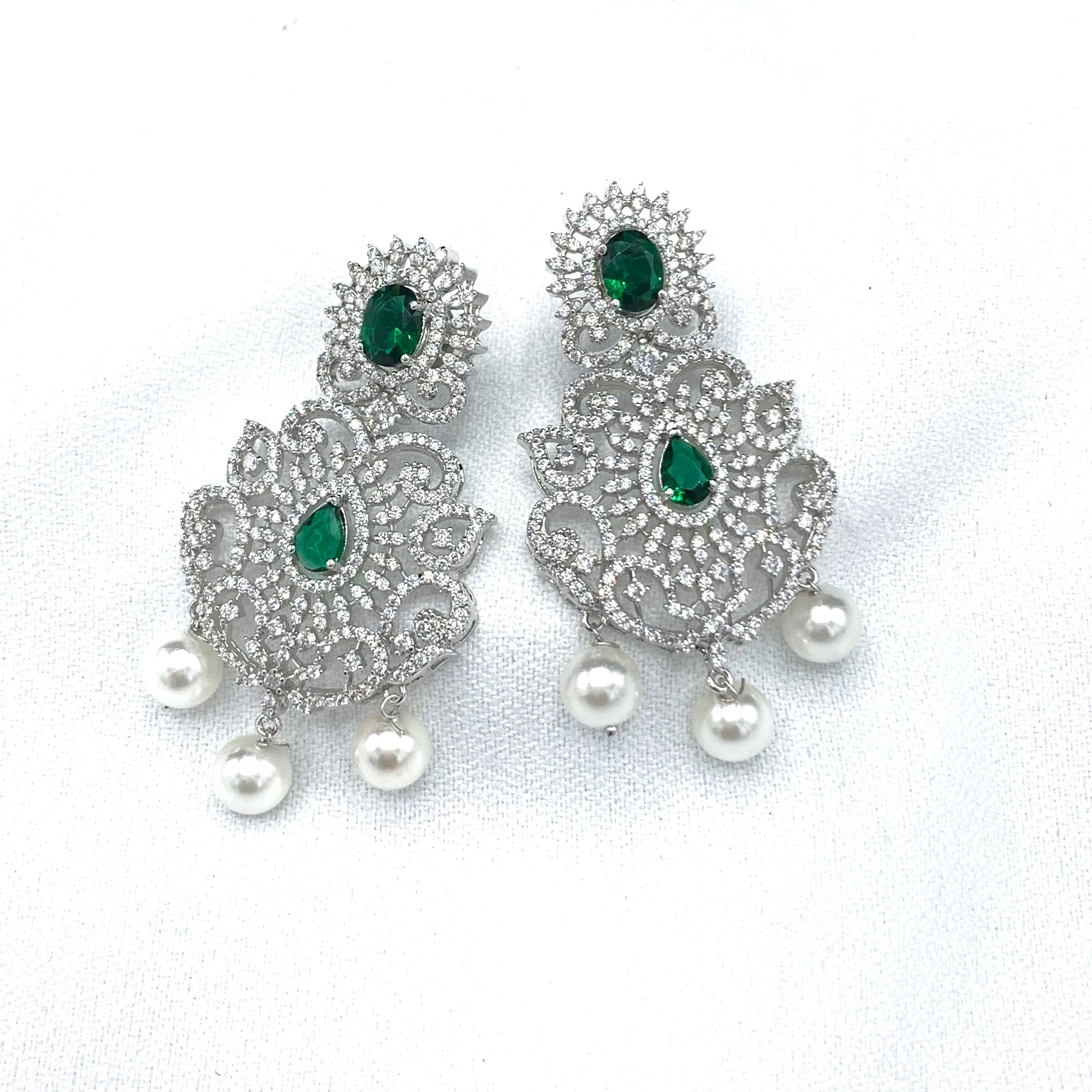 HIRA - A Statement Diamond Alike Bridal White and Emerald Green Zircon (CZ) Stone Necklace