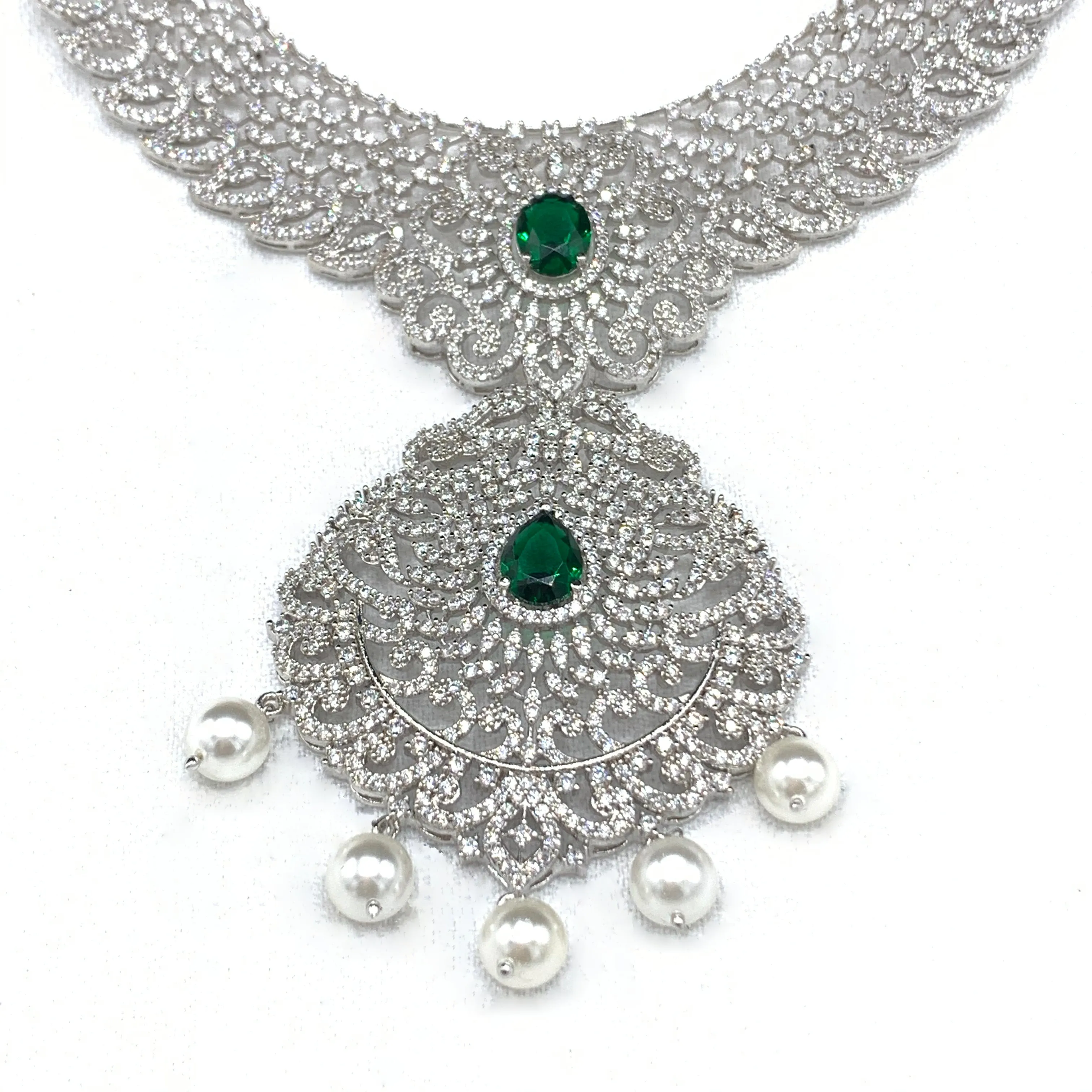 HIRA - A Statement Diamond Alike Bridal White and Emerald Green Zircon (CZ) Stone Necklace