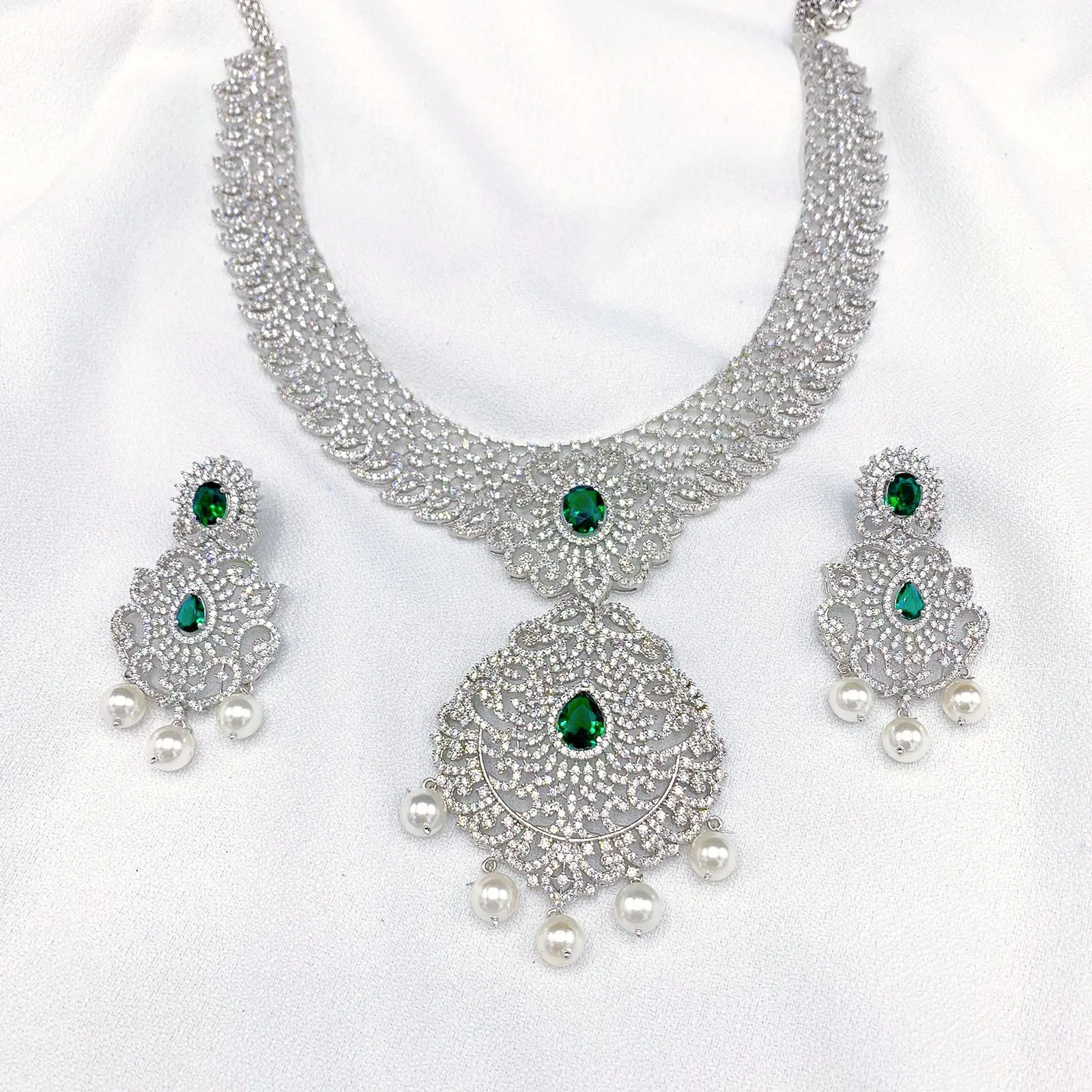 HIRA - A Statement Diamond Alike Bridal White and Emerald Green Zircon (CZ) Stone Necklace