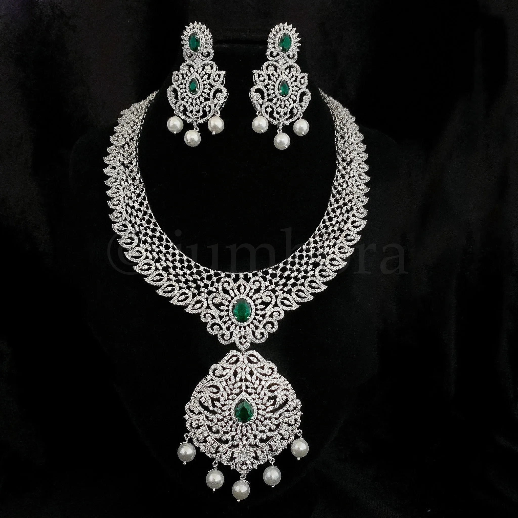 HIRA - A Statement Diamond Alike Bridal White and Emerald Green Zircon (CZ) Stone Necklace