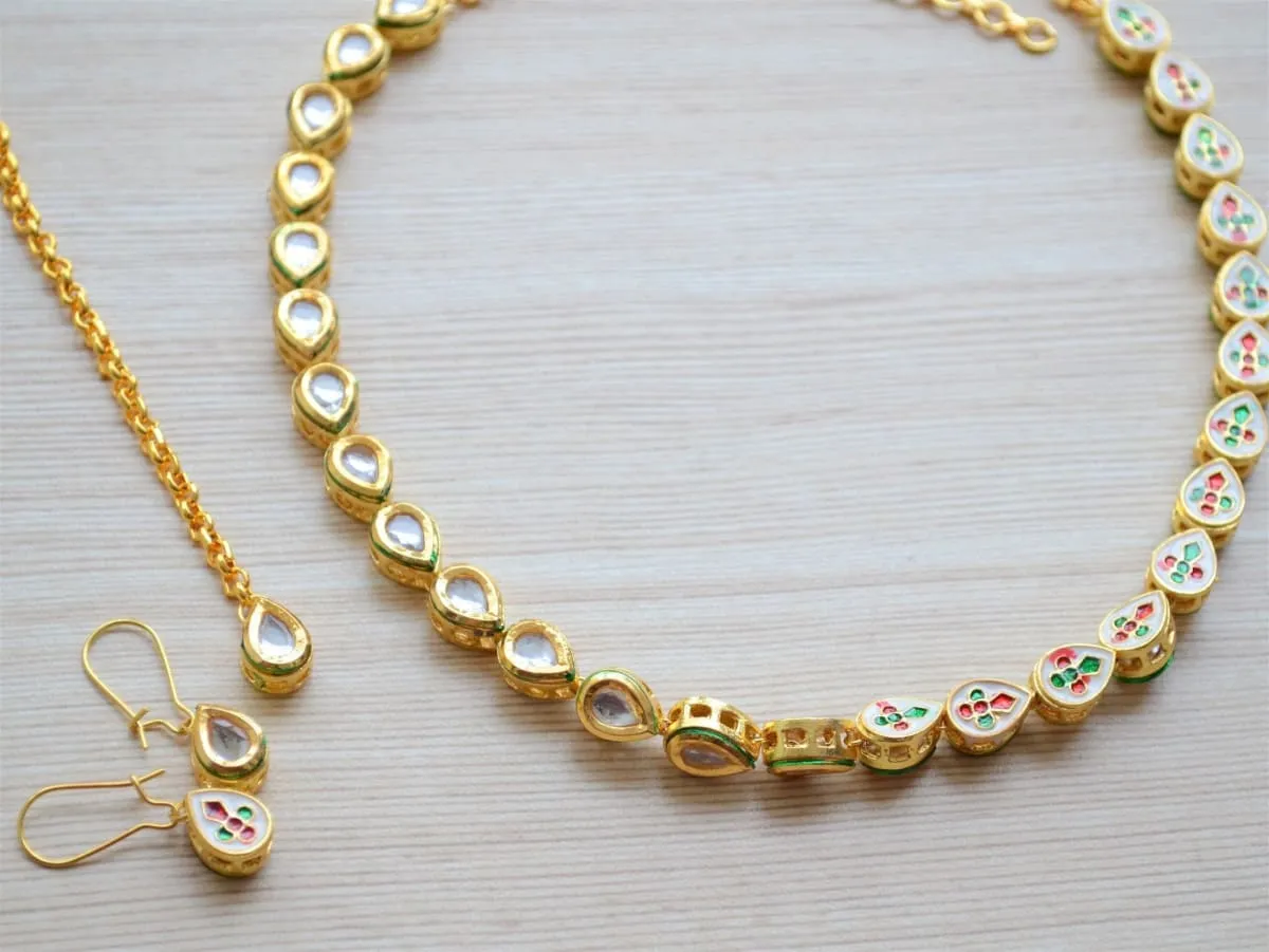 Kundan Choker Necklace Earrings Maang tikka Set for Indian Wedding, Rajasthani Jaipur Jewelry