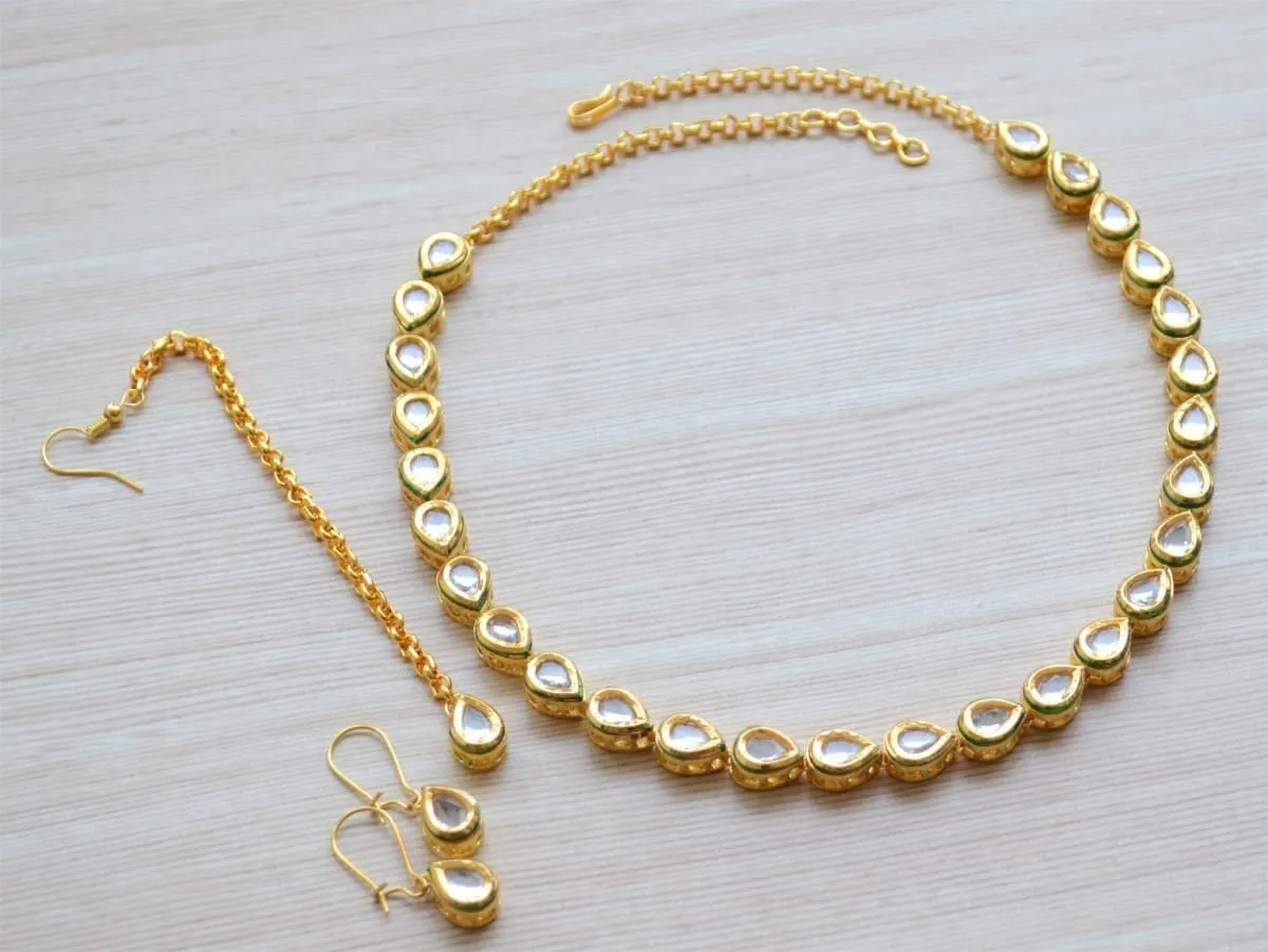 Kundan Choker Necklace Earrings Maang tikka Set for Indian Wedding, Rajasthani Jaipur Jewelry