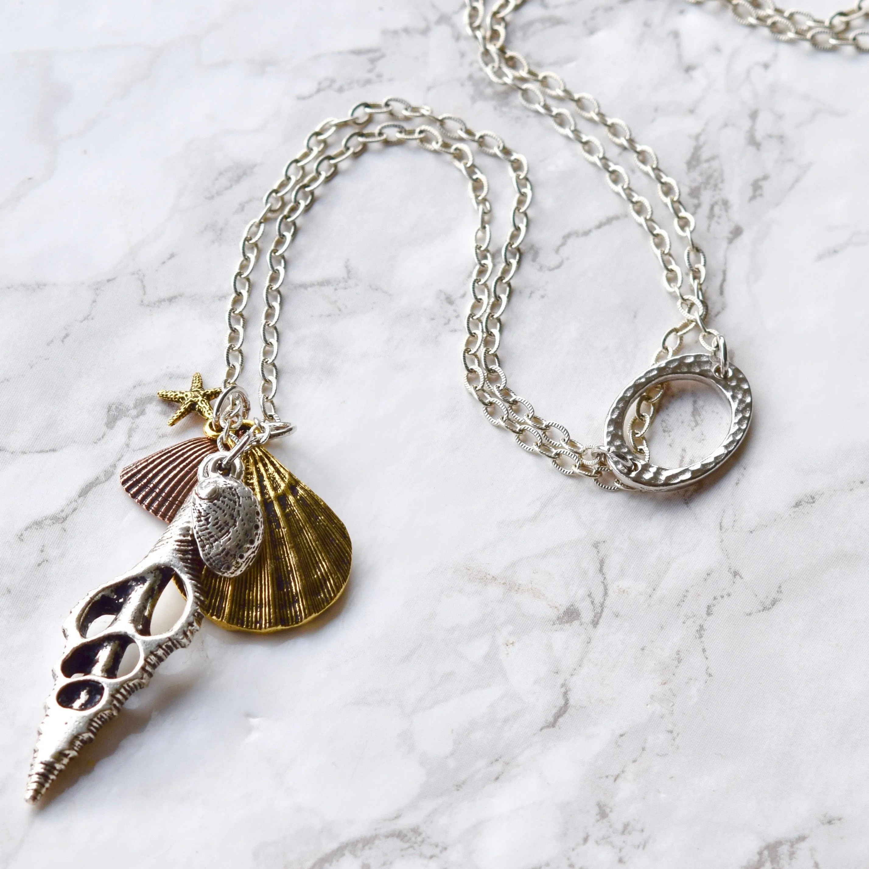 Long Beach Charm Boho Necklace ~ Mixed Metals Seashell Charms