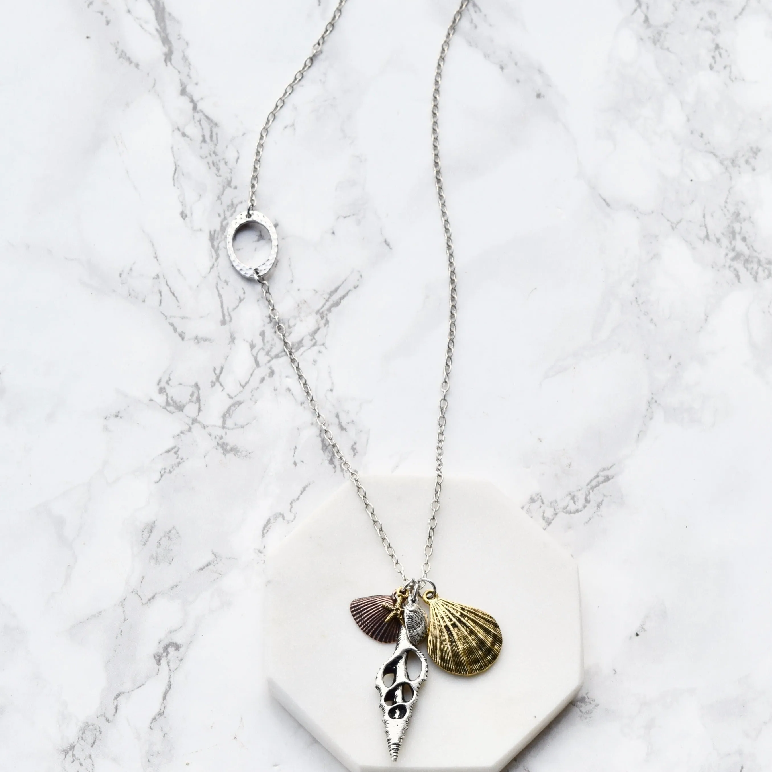 Long Beach Charm Boho Necklace ~ Mixed Metals Seashell Charms
