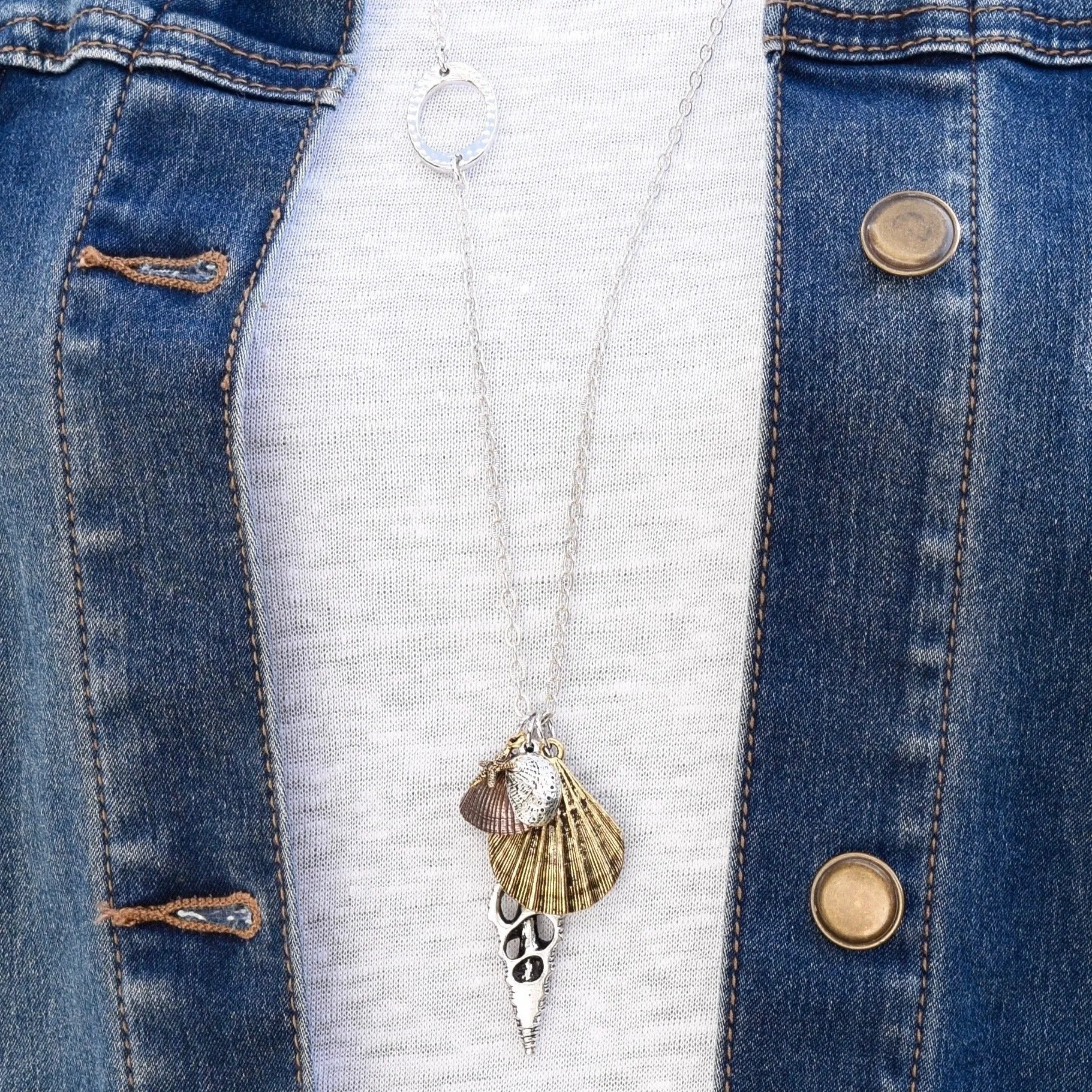Long Beach Charm Boho Necklace ~ Mixed Metals Seashell Charms