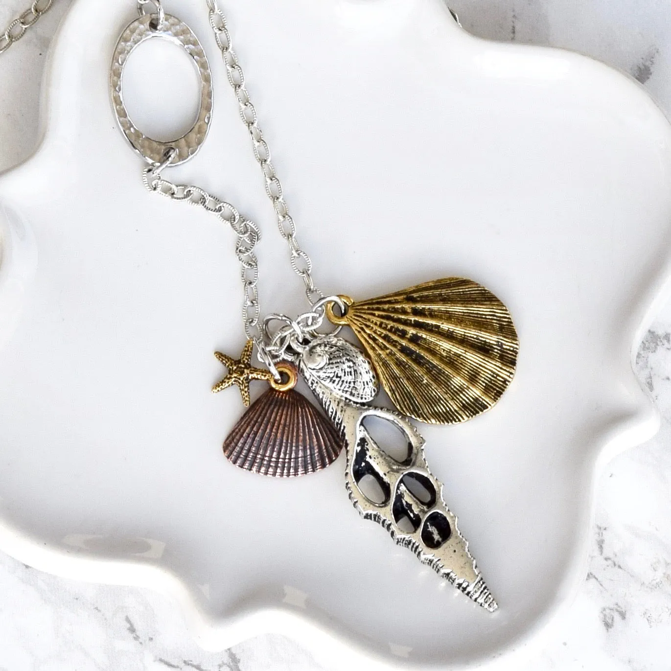 Long Beach Charm Boho Necklace ~ Mixed Metals Seashell Charms
