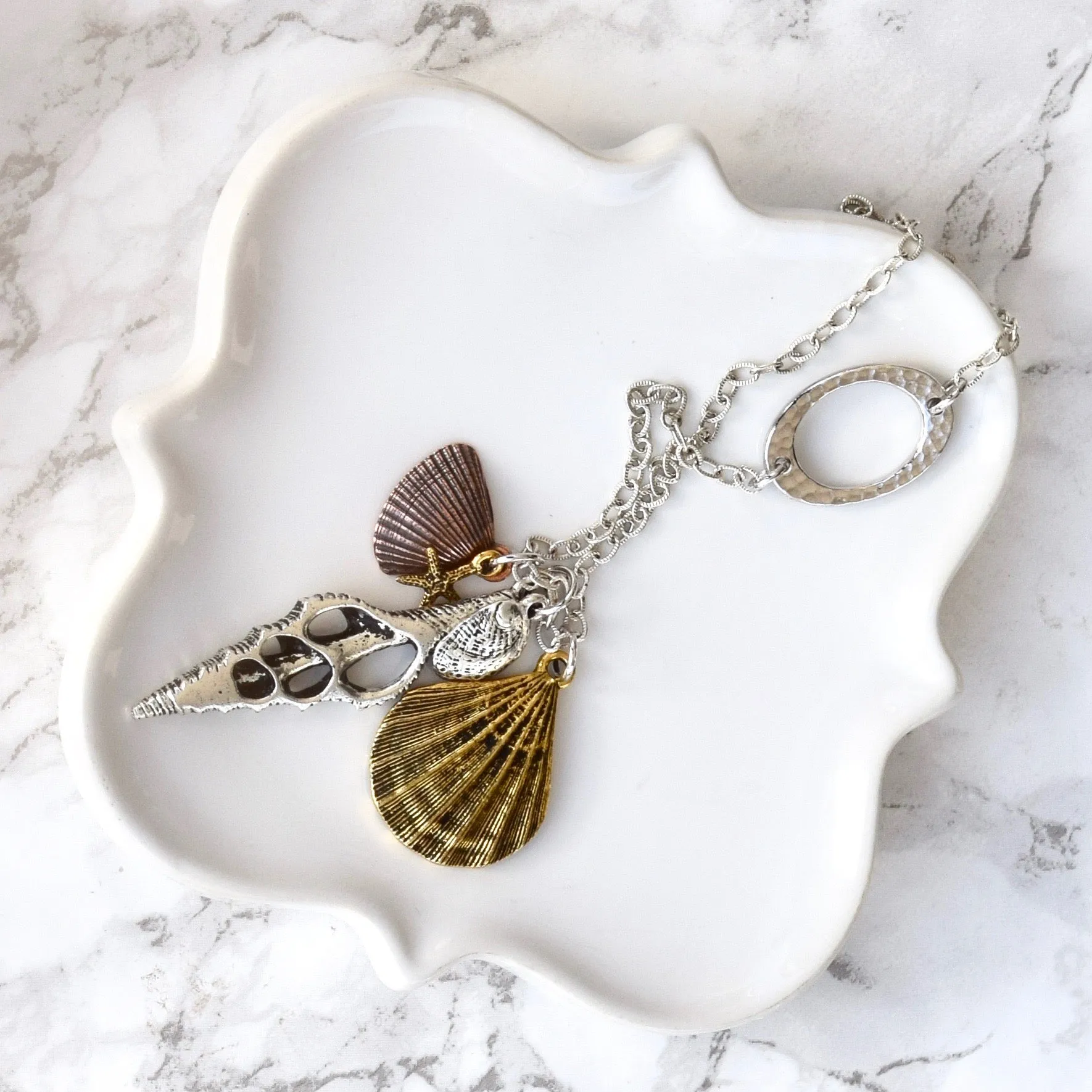 Long Beach Charm Boho Necklace ~ Mixed Metals Seashell Charms