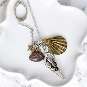 Long Beach Charm Boho Necklace ~ Mixed Metals Seashell Charms