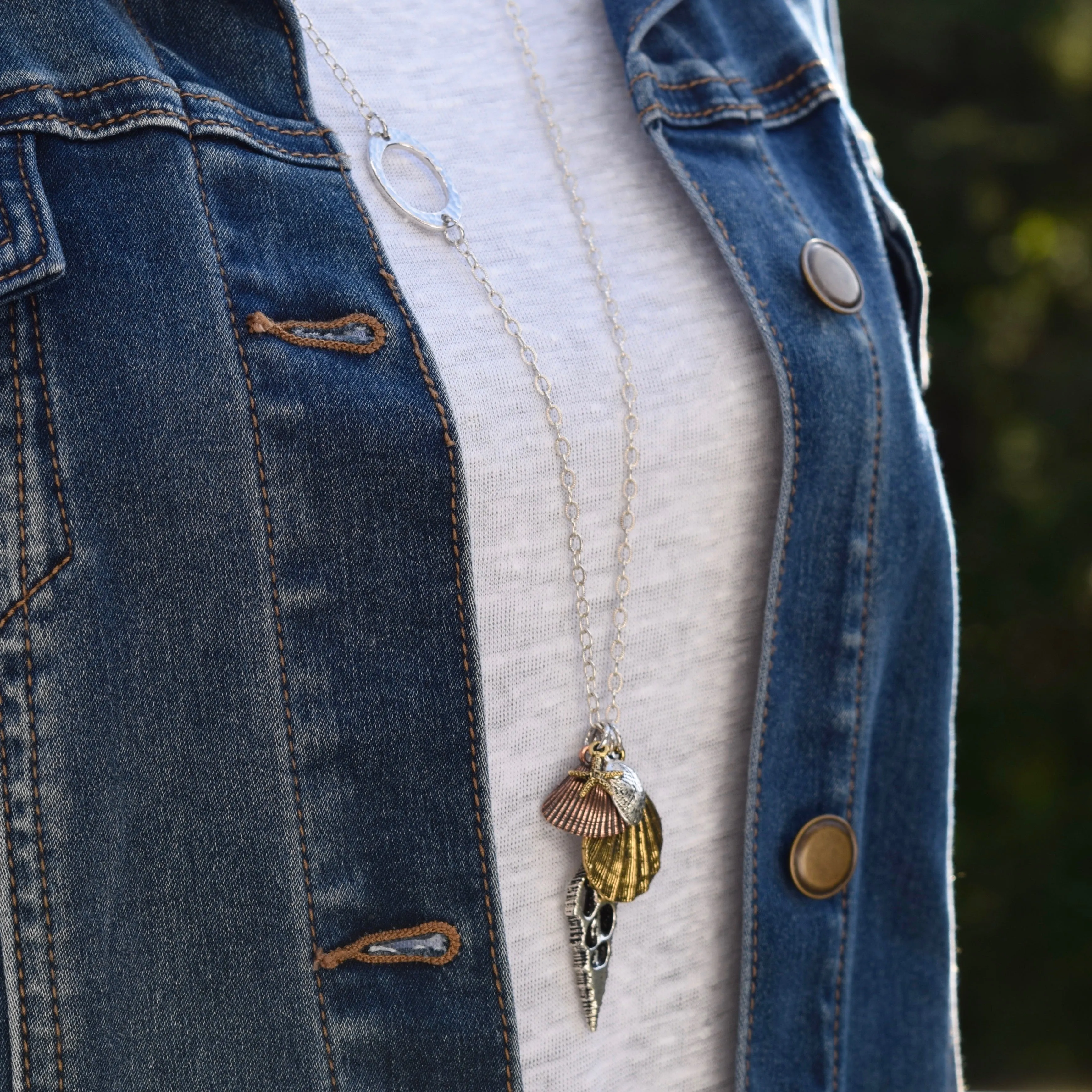 Long Beach Charm Boho Necklace ~ Mixed Metals Seashell Charms