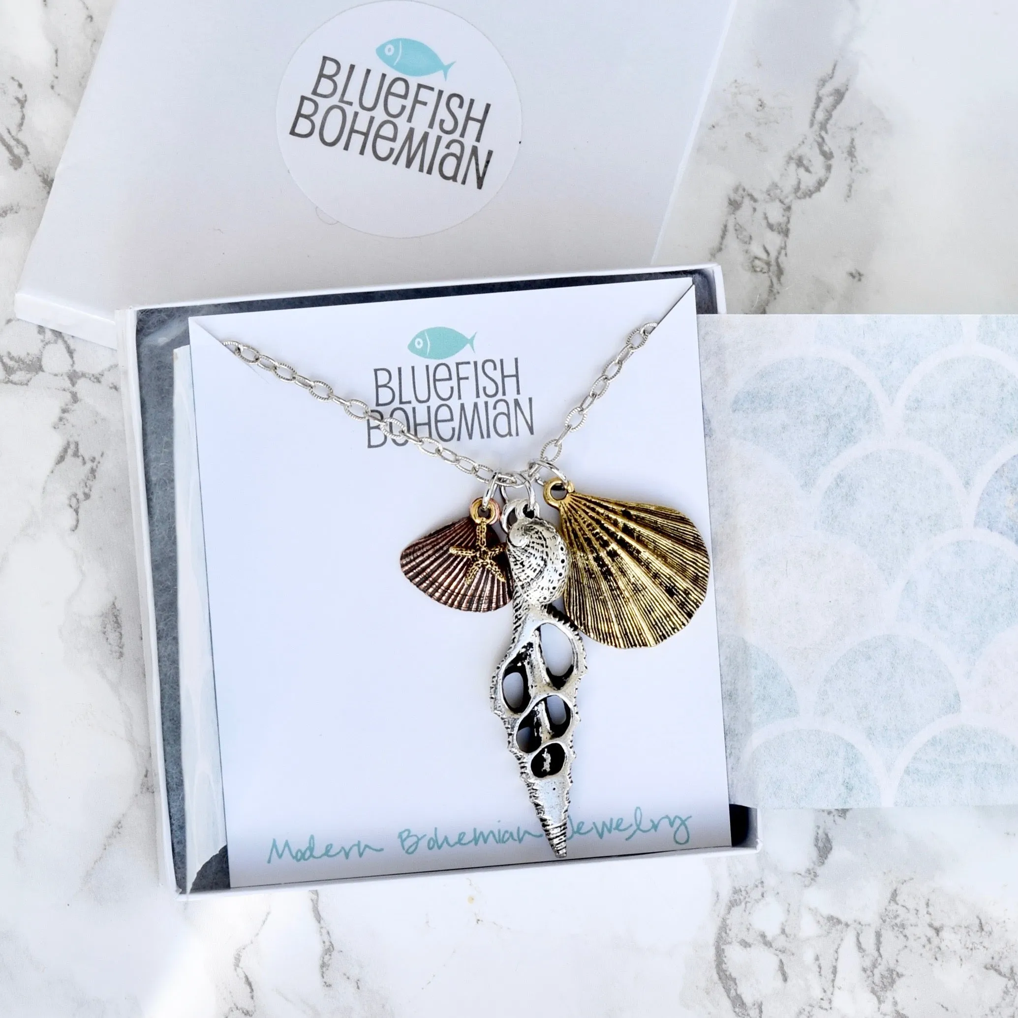 Long Beach Charm Boho Necklace ~ Mixed Metals Seashell Charms