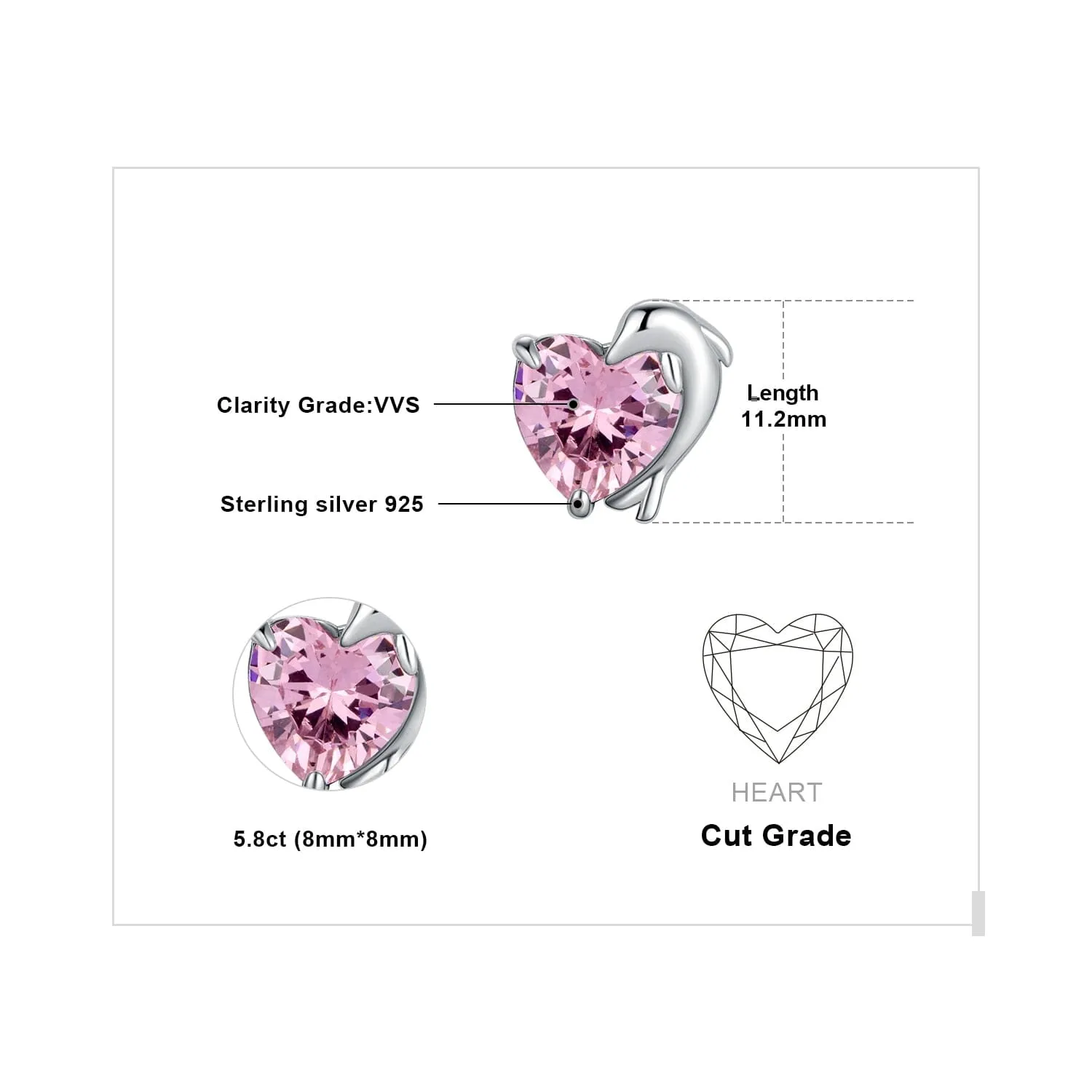 Love Heart Dolphin 5.8ct Pink Morganite Stud Earrings - S925 Sterling Silver