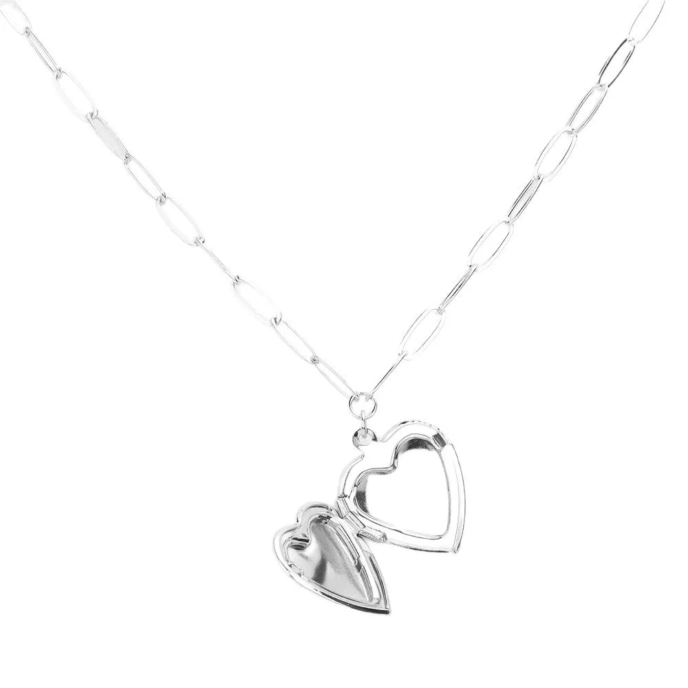 Matte Metal Heart Locket Pendant Paperclip Chain Necklace