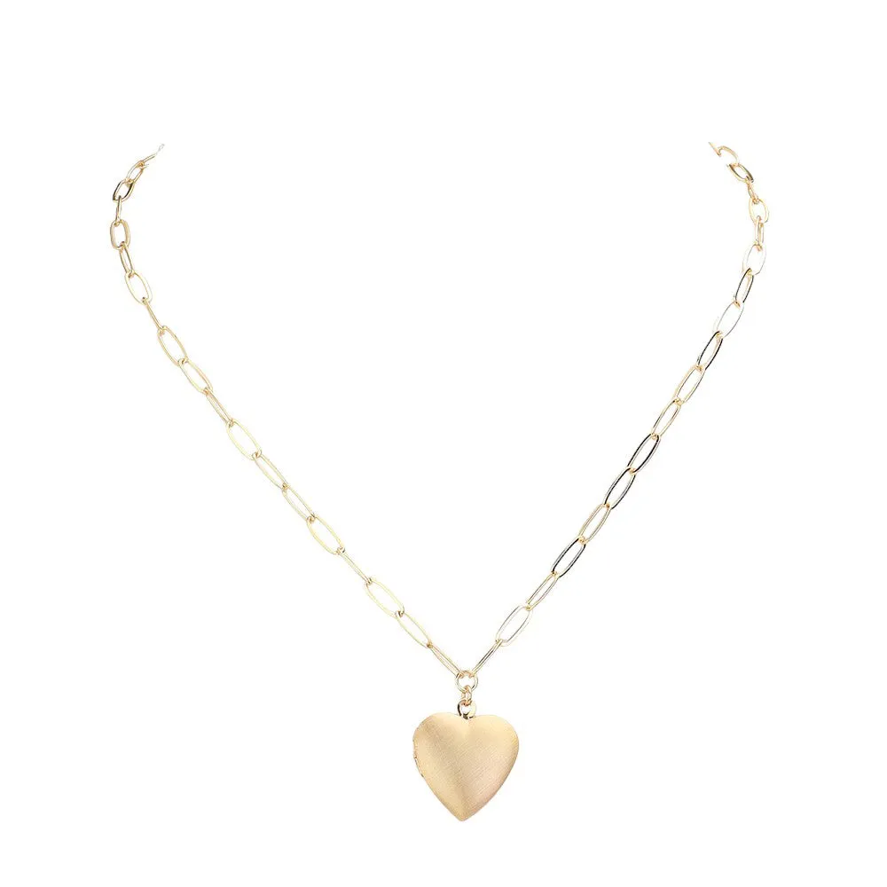 Matte Metal Heart Locket Pendant Paperclip Chain Necklace